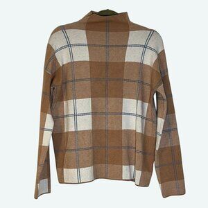 Rachel Zoe Plaid Funnel Neck Sweater Brown Cream Blue Stretch Fit Cozy‎ Large